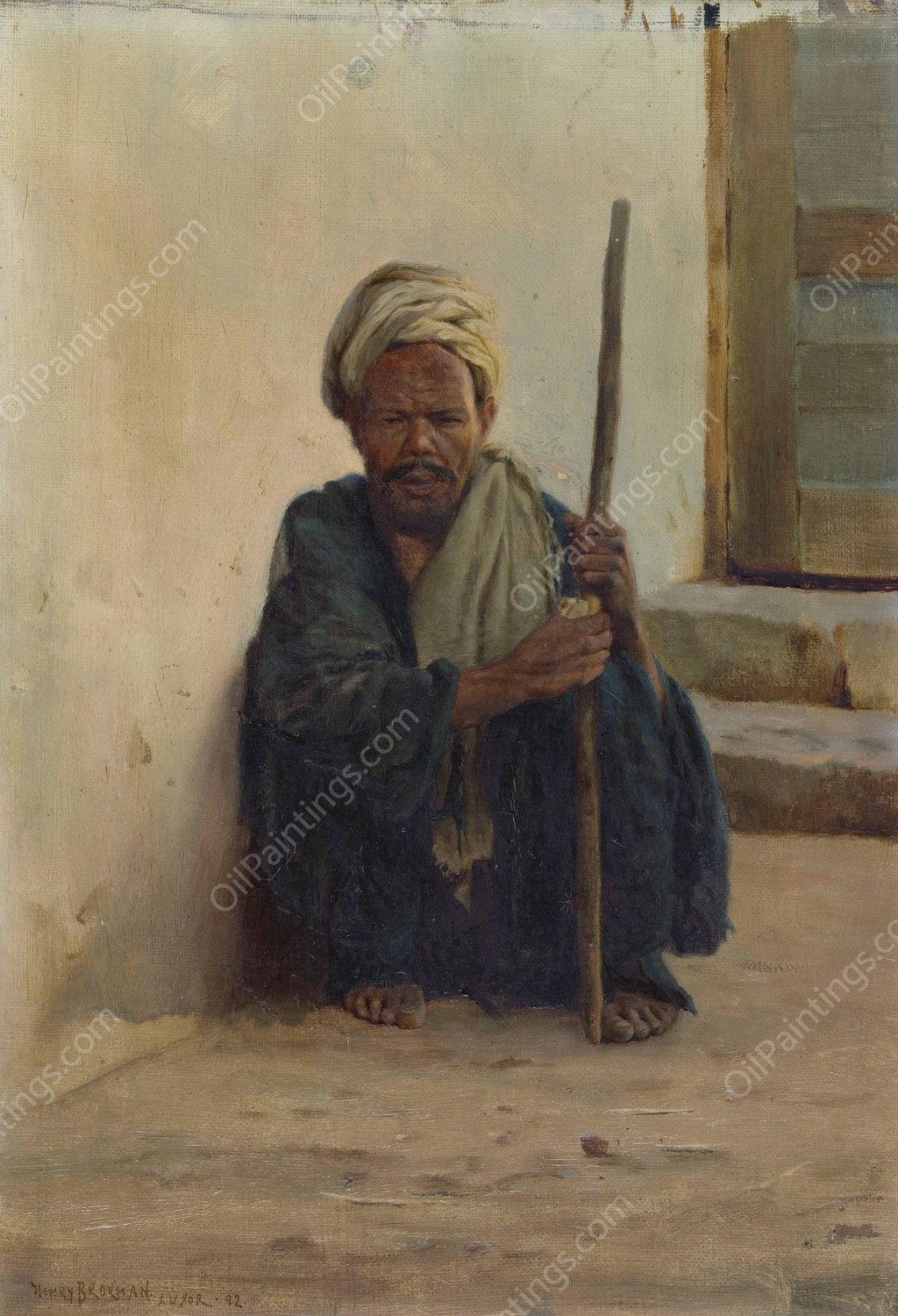Louxor, arabe tenant un baton assis dans une rue  by Henry Brokman - Hand-Painted Oil Painting Reproduction