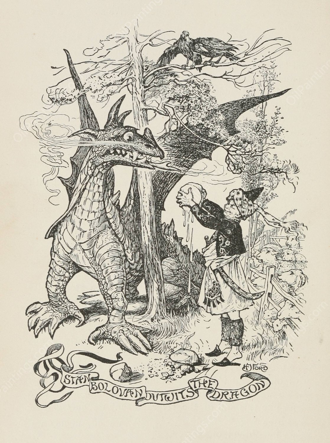 Stan Bolovan outwits the Dragon  by Henry Justice Ford - Hand-Painted Oil Painting Reproduction