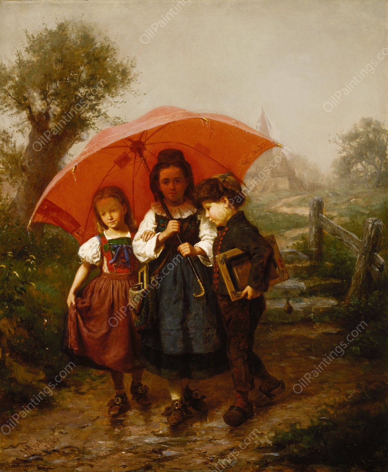 Children under a Red Umbrella  by Henry Mosler - Hand-Painted Oil Painting Reproduction