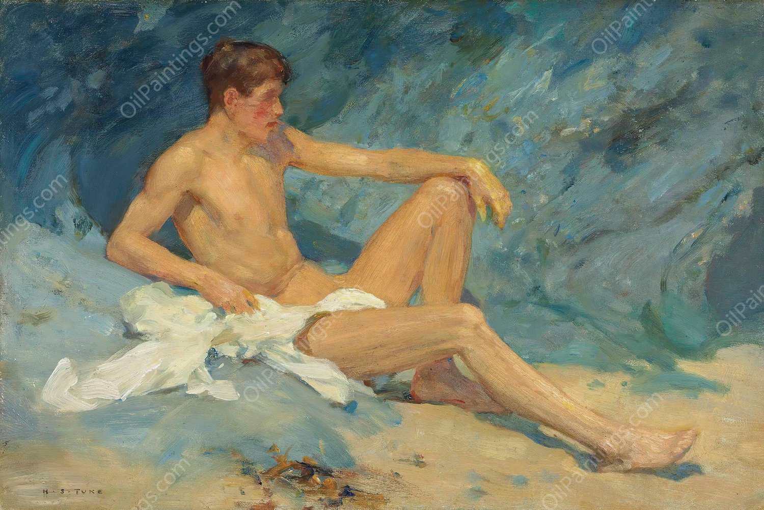 A male nude reclining on rocks by Henry Scott Tuke - Hand-Painted Oil Painting Reproduction