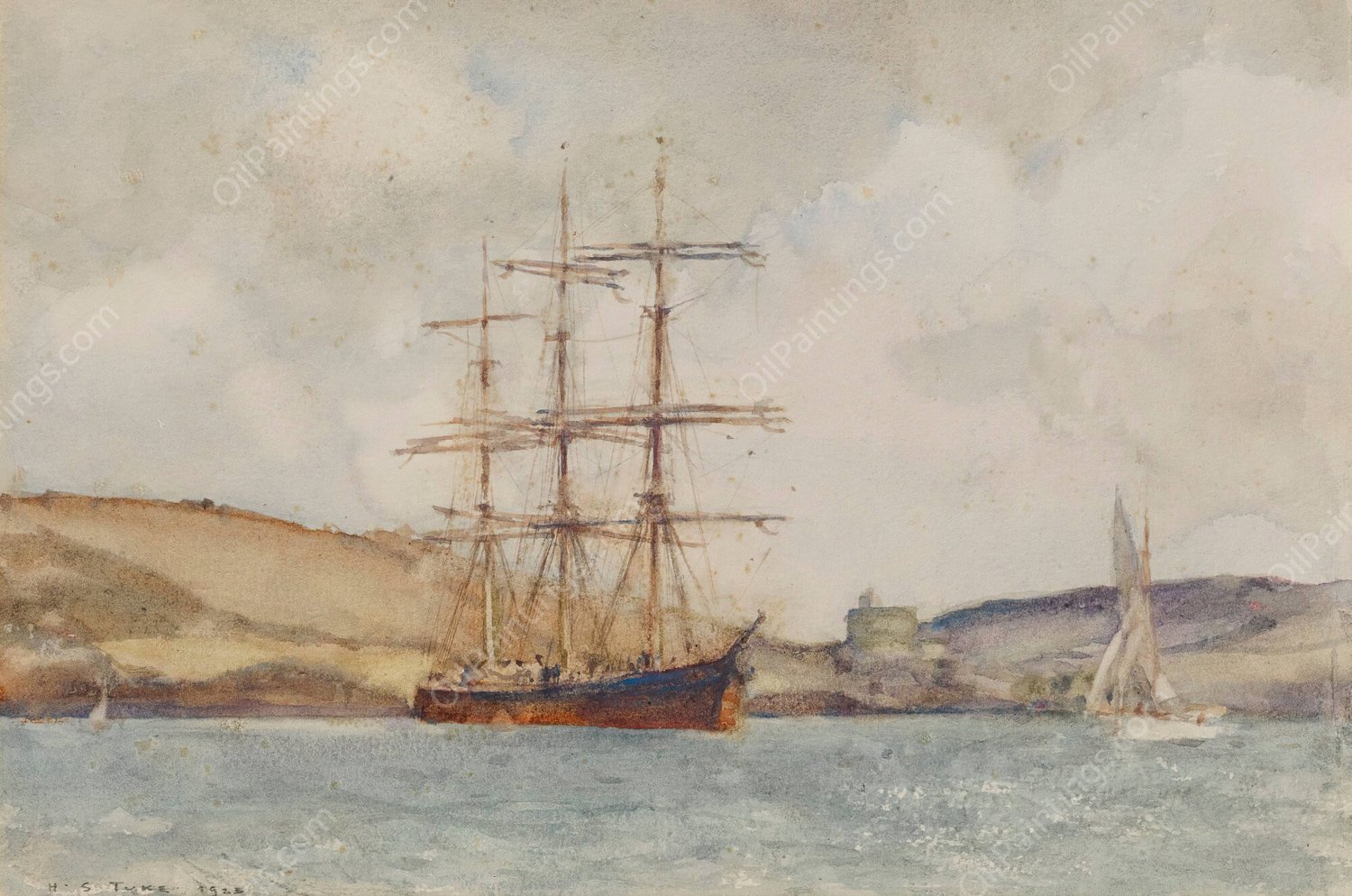A Three-Master Lying Off St Catherine's Castle, Fowey  by Henry Scott Tuke - Hand-Painted Oil Painting Reproduction
