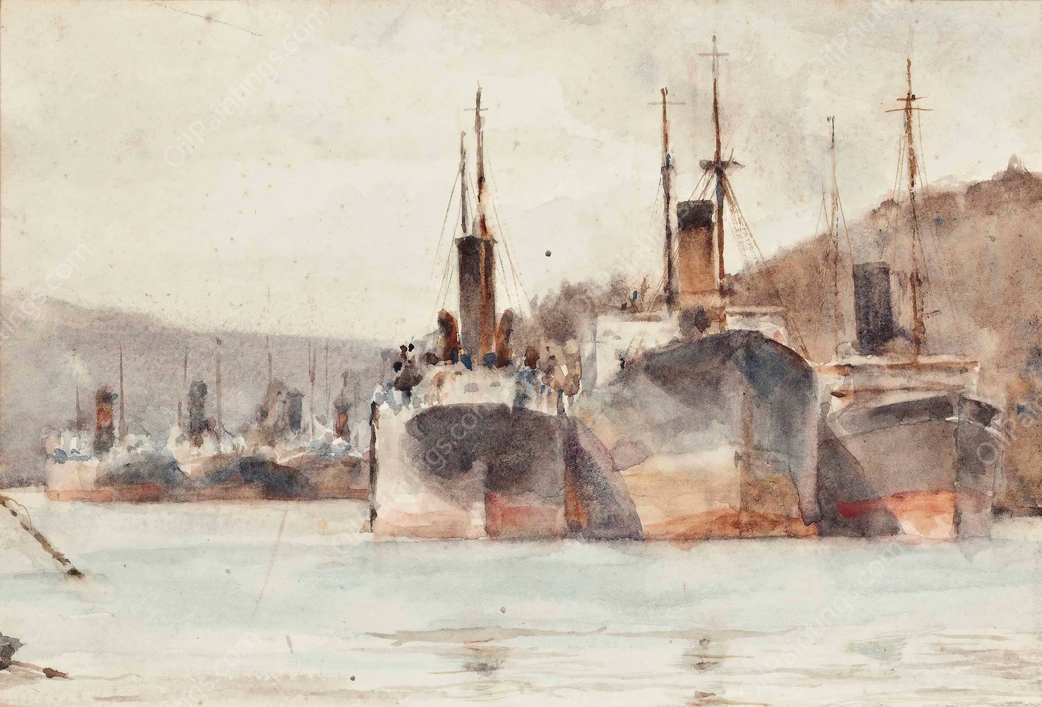 Ships Moored Near King Harry Ferry, On The River Fal by Henry Scott Tuke - Hand-Painted Oil Painting Reproduction