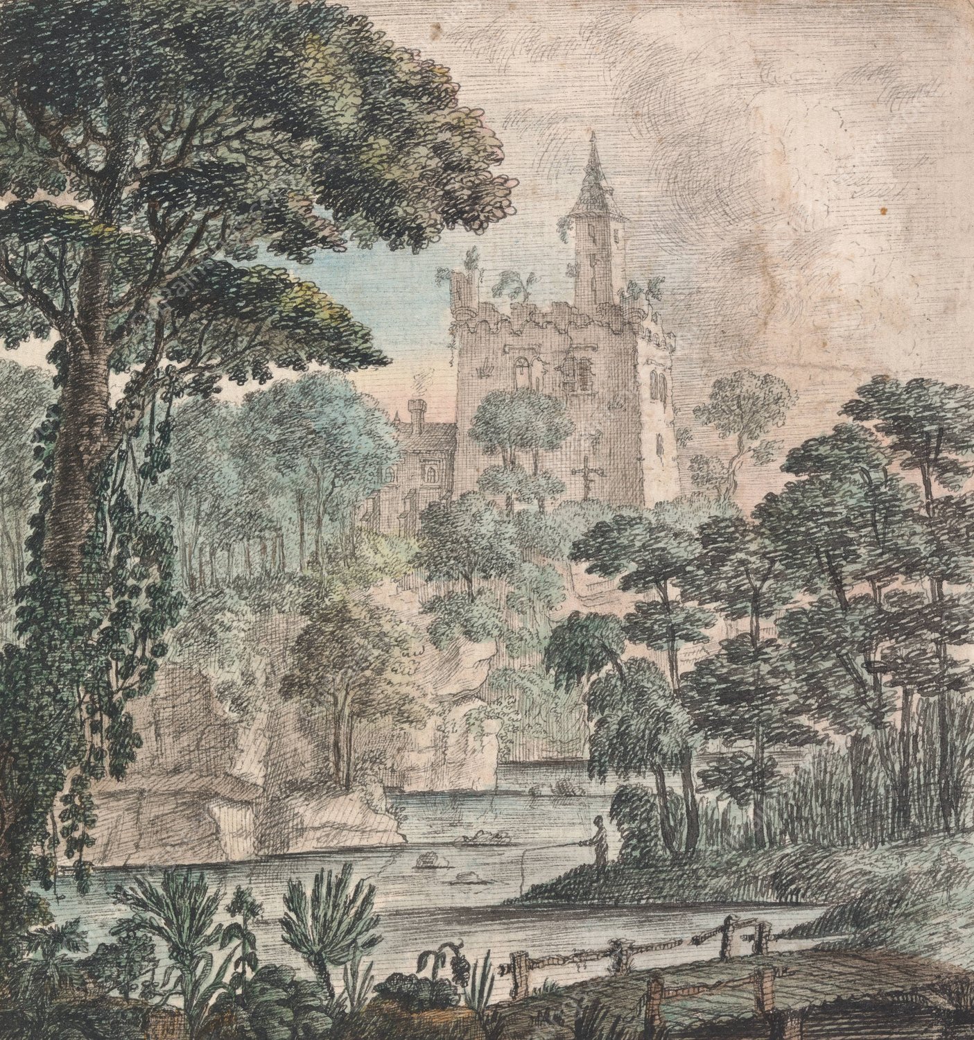 Landscape View of a Ruined Castle with River, Wooden Bridge and a Figure, Fishing by Henry Swinburne - Hand-Painted Oil Painting Reproduction