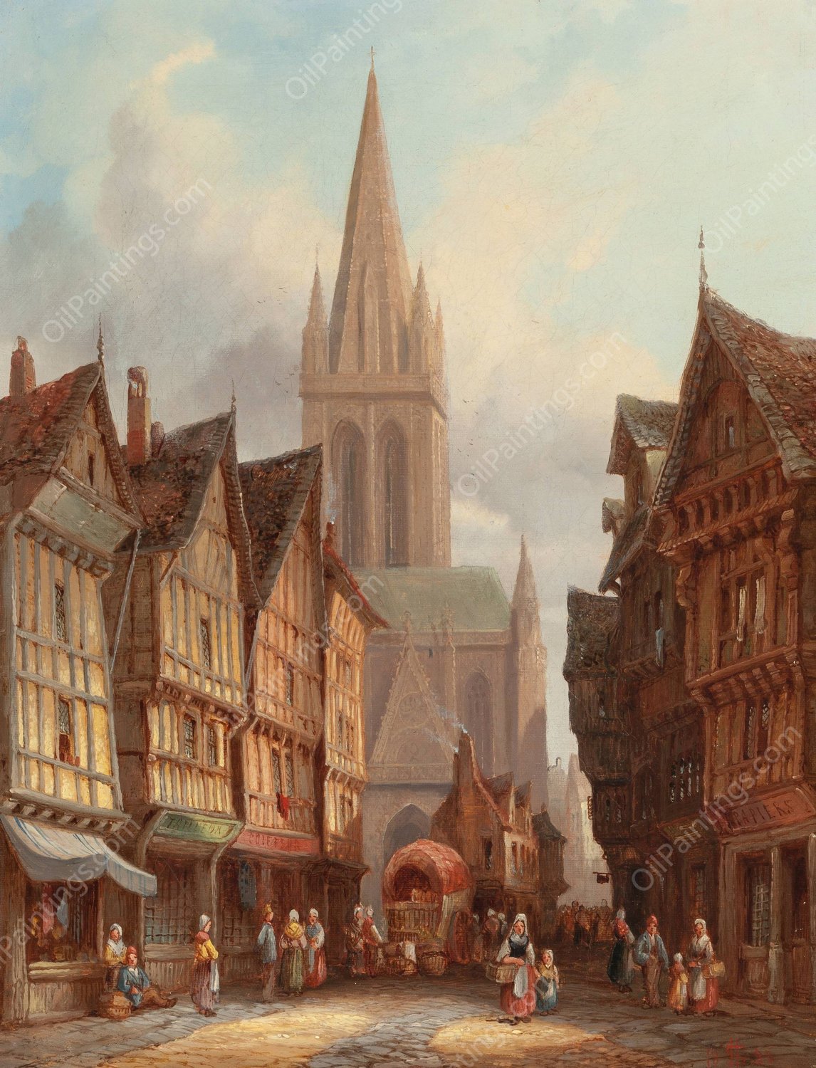 Market Day in Honfleur, Normandy  by Henry Thomas Schafer - Hand-Painted Oil Painting Reproduction