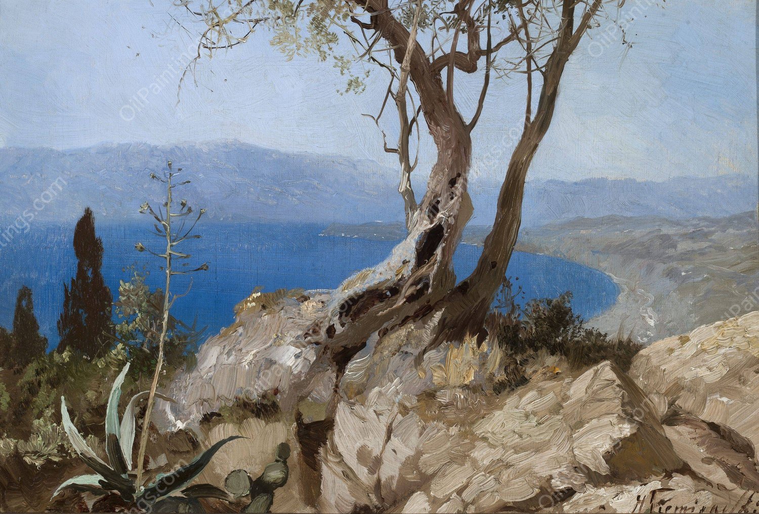 Lake view with rocky edge  by Henryk Siemiradzki - Hand-Painted Oil Painting Reproduction