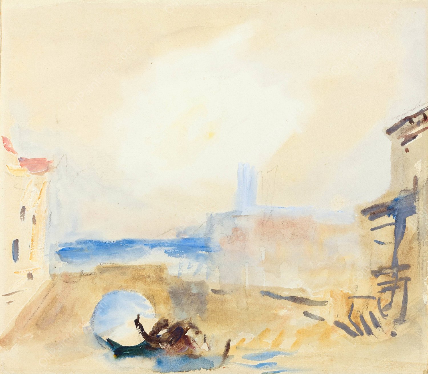 A Gondola Passing Under a Bridge in Venice by Hercules Brabazon Brabazon - Hand-Painted Oil Painting Reproduction