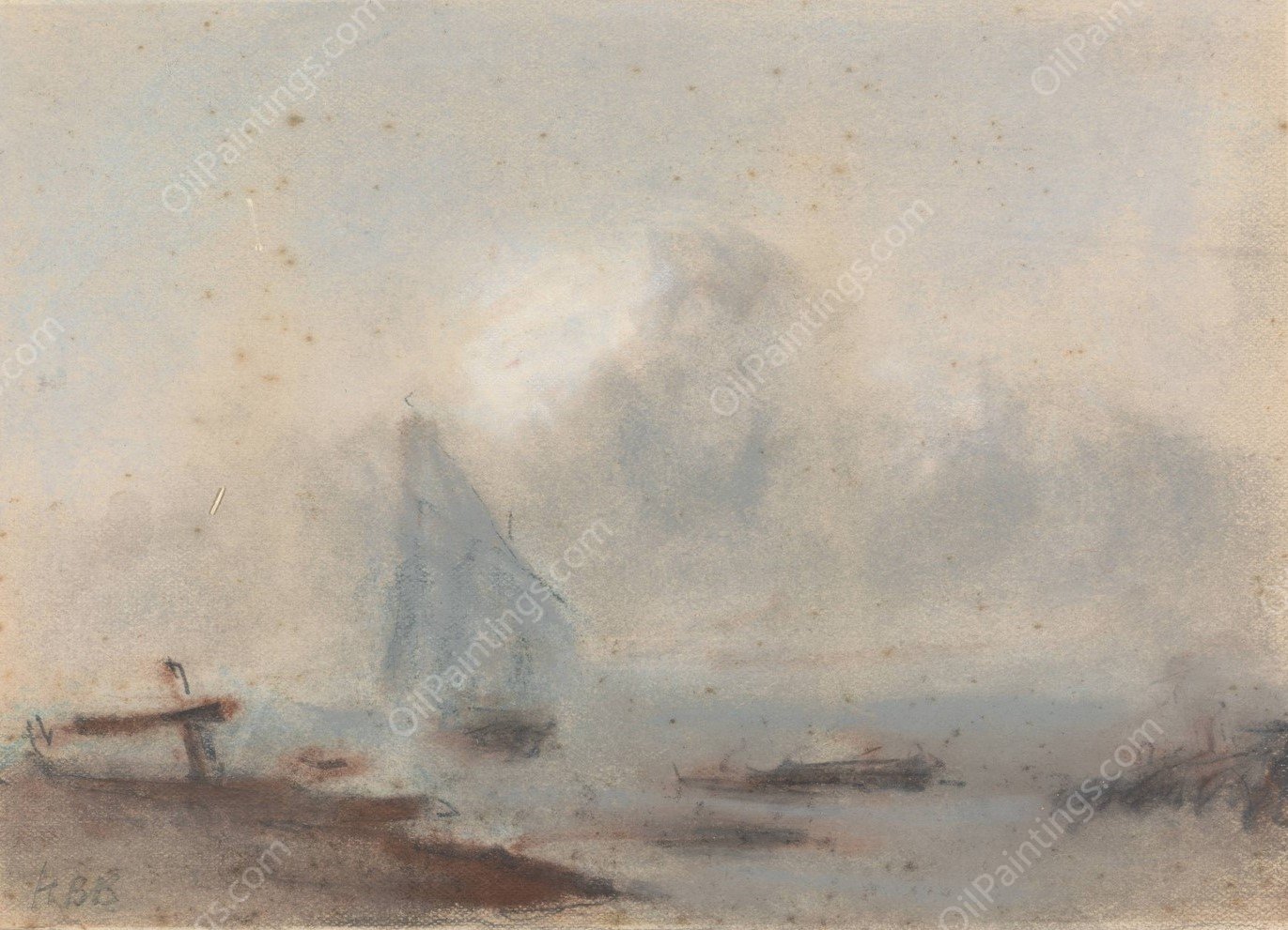 A Sailing Ship near Shore by Hercules Brabazon Brabazon - Hand-Painted Oil Painting Reproduction