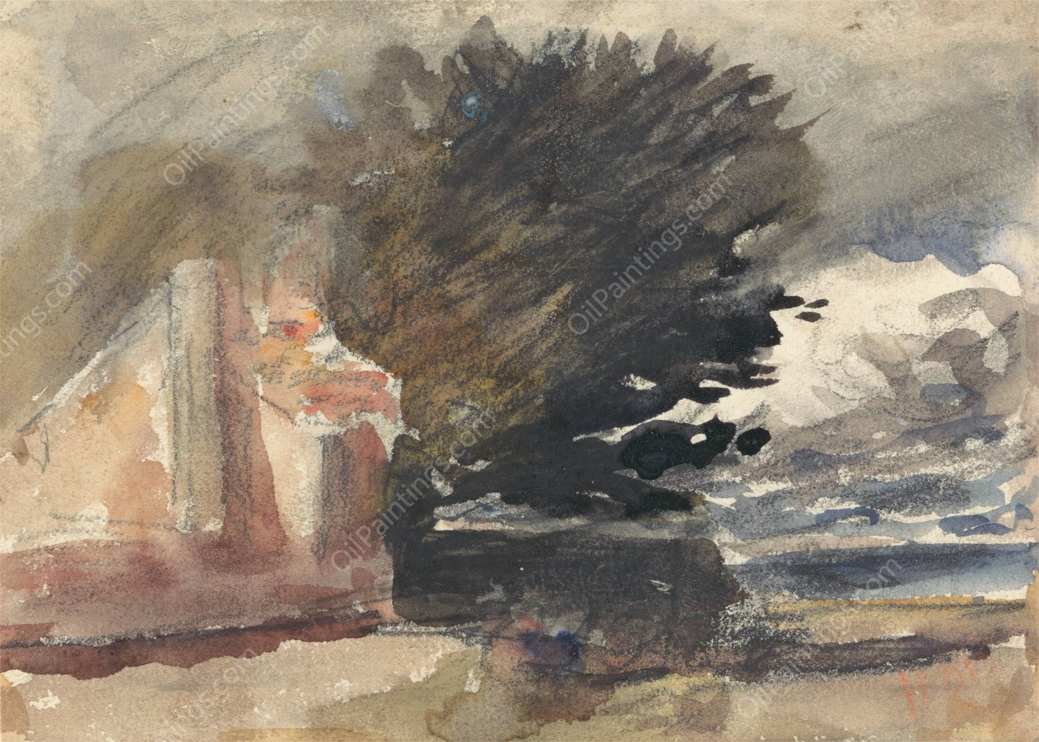 Cottage under a Tree by Hercules Brabazon Brabazon - Hand-Painted Oil Painting Reproduction