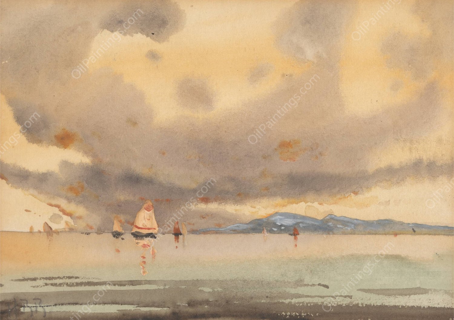 Euganian Hills from the Lagoon — Low Tide by Hercules Brabazon Brabazon - Hand-Painted Oil Painting Reproduction