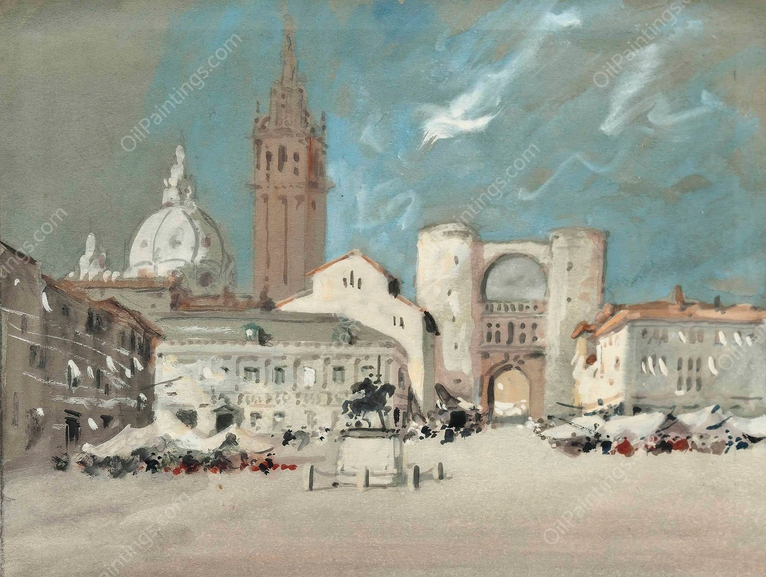 Piazza Dei Signori, Padua by Hercules Brabazon Brabazon - Hand-Painted Oil Painting Reproduction