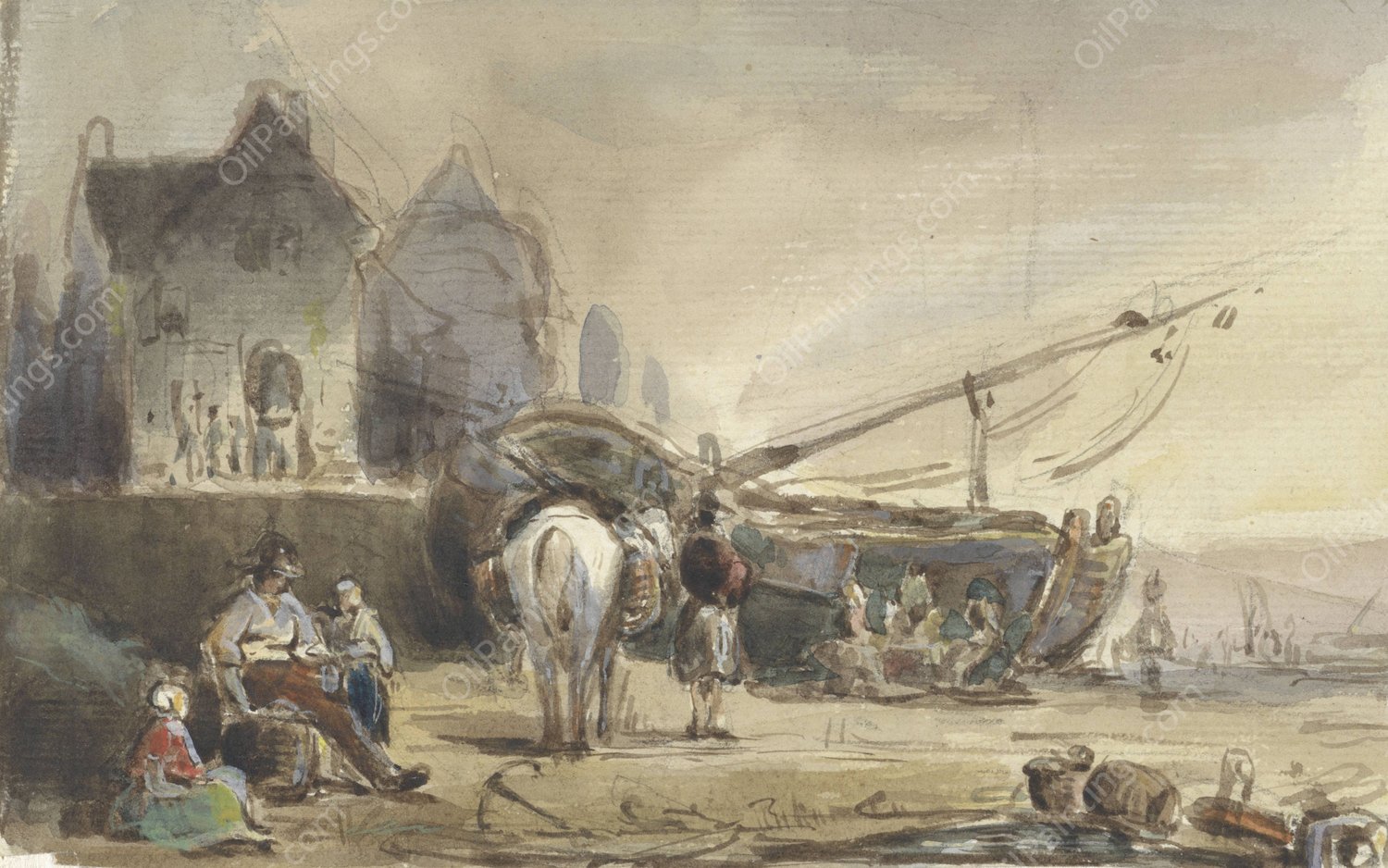 Strandgezicht met boten en vissers  by Herman Frederik Carel Ten Kate - Hand-Painted Oil Painting Reproduction