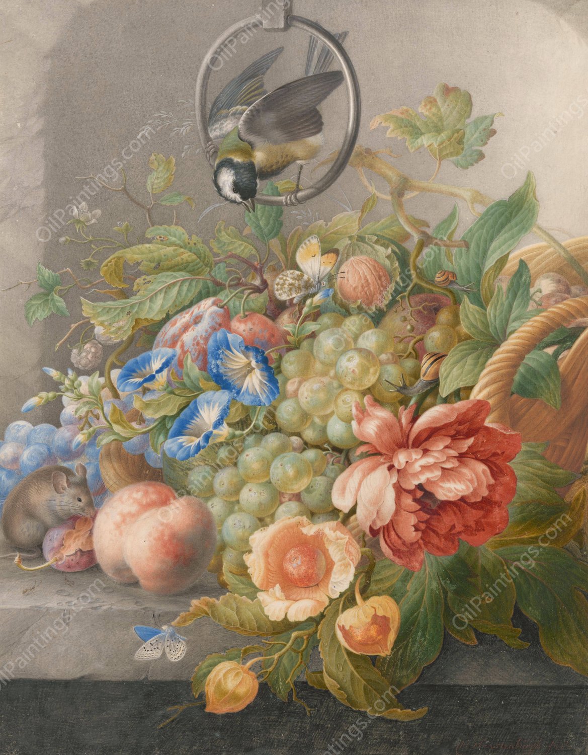 Stilleven met bloemen, vruchten, een koolmees en een muis  by Herman Henstenburgh - Hand-Painted Oil Painting Reproduction