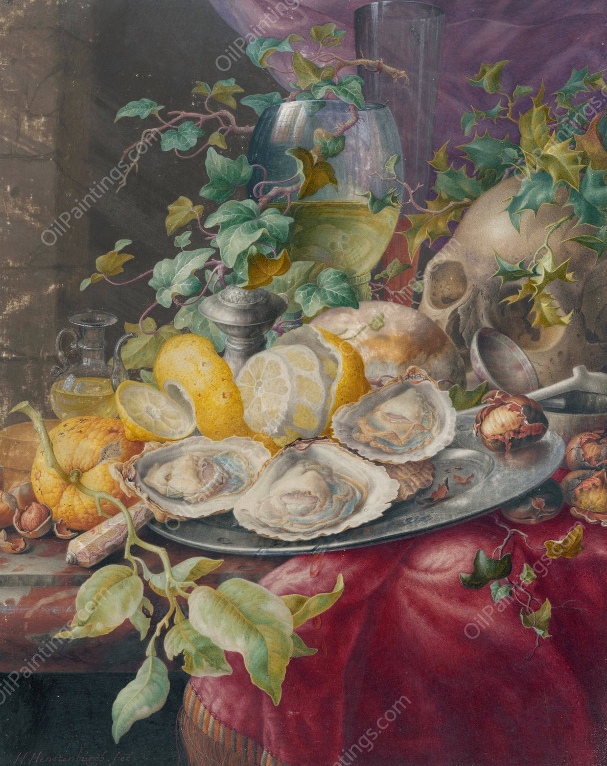 Vanitas Still Life With Oysters And Skull  by Herman Henstenburgh - Hand-Painted Oil Painting Reproduction