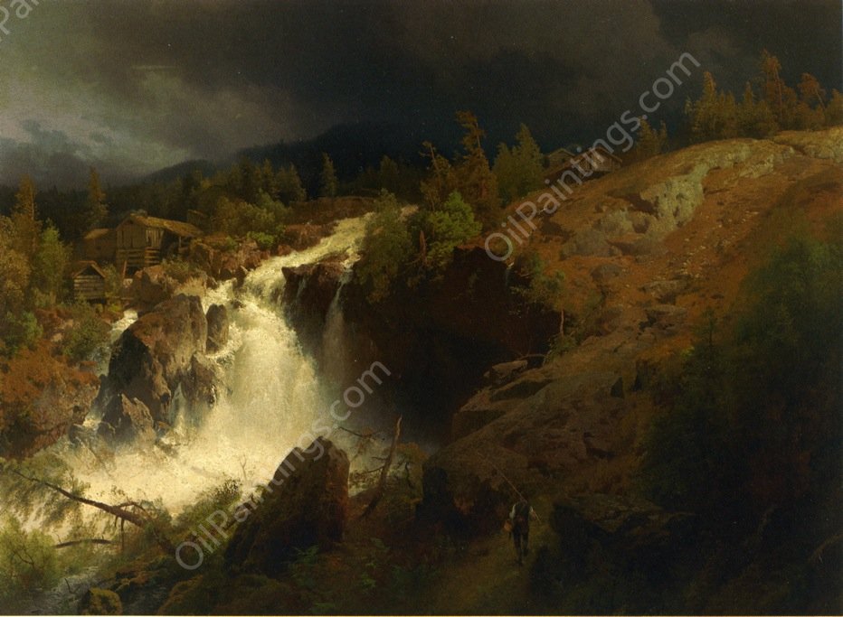 A Mountain Torrrent by Herman Herzog - Hand-Painted Oil Painting Reproduction