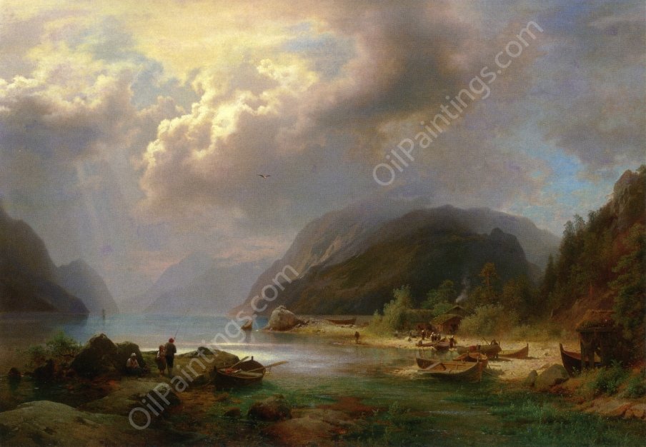 Alpine Lake Scene by Herman Herzog - Hand-Painted Oil Painting Reproduction