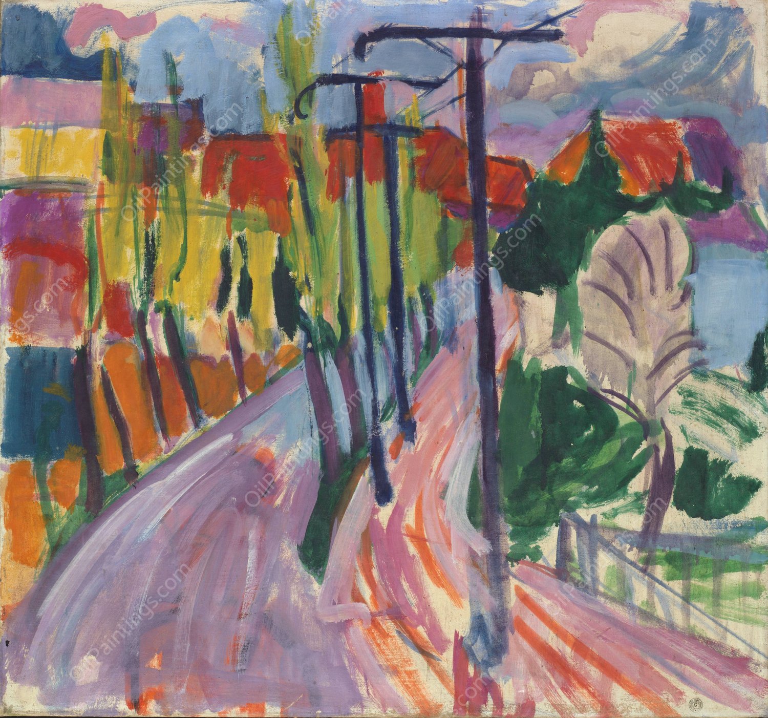 Road with Trees  by Hermann Scherer - Hand-Painted Oil Painting Reproduction