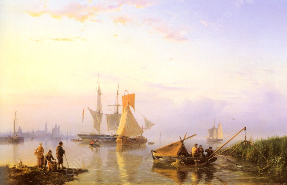 Shipping in a Calm, Amsterdam by Hermanus Koekkoek Snr - Hand-Painted Oil Painting Reproduction