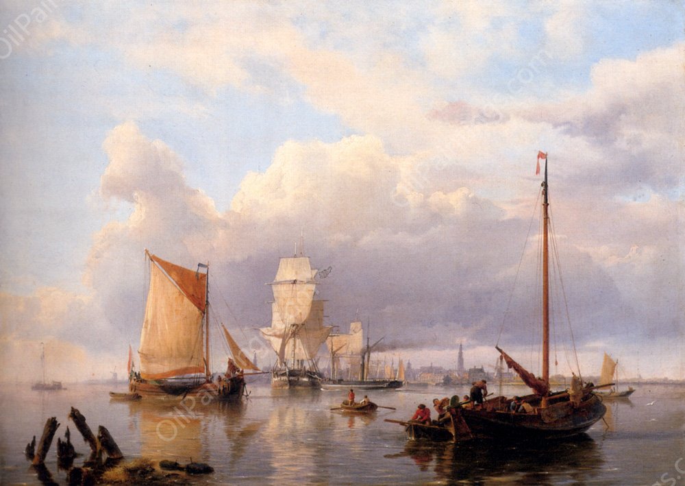Shipping On The Scheldt With Antwerp In The Background by Hermanus Koekkoek Snr - Hand-Painted Oil Painting Reproduction