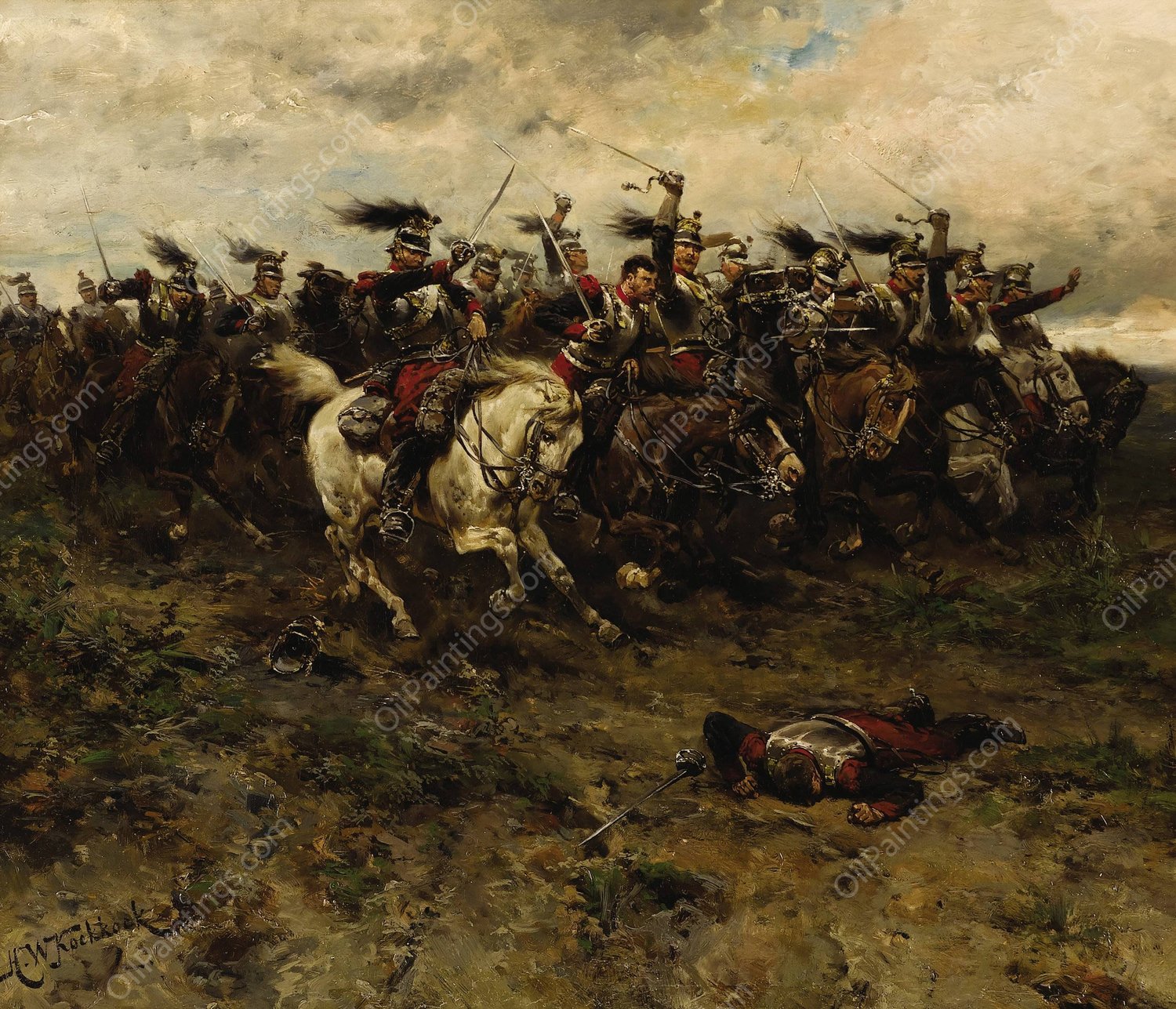 A Cavalry Charge by Hermanus Willem Koekkoek - Hand-Painted Oil Painting Reproduction