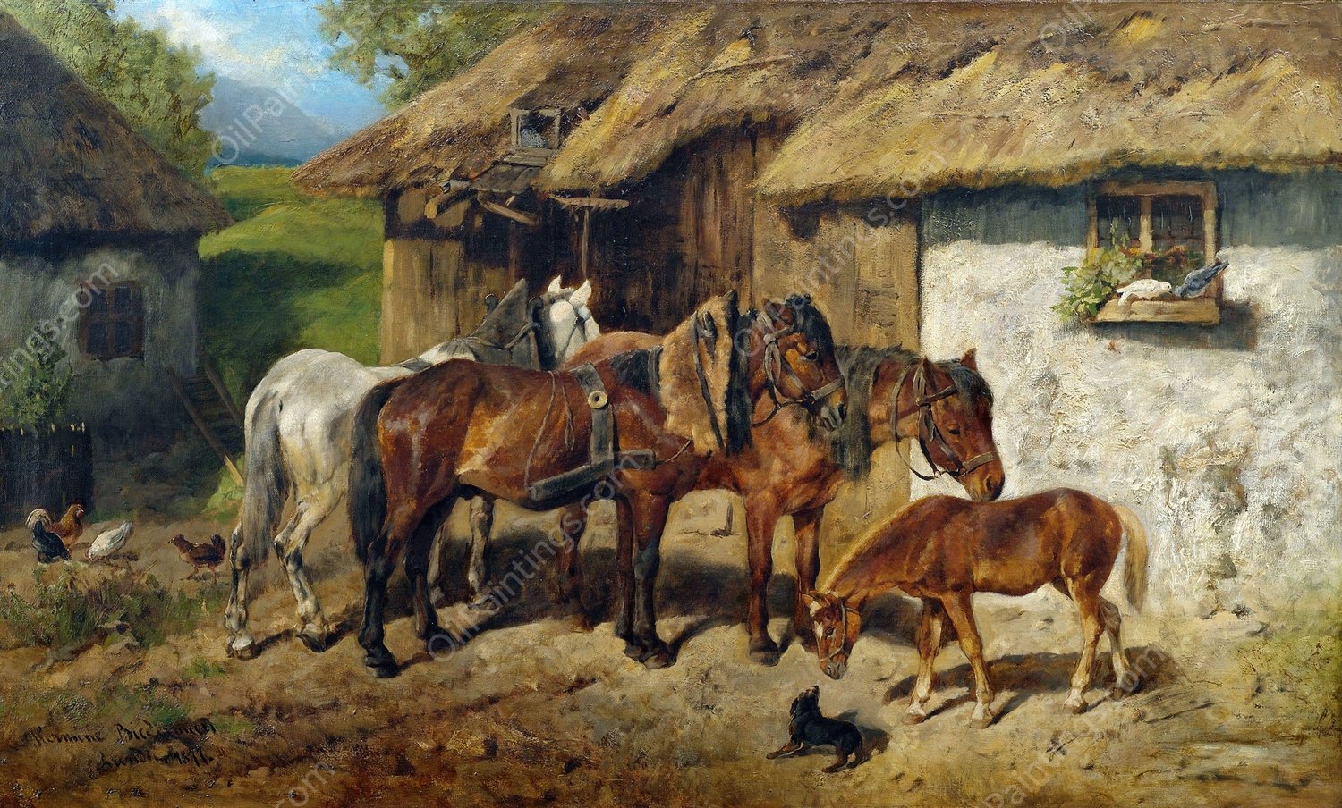 Angeschirrte Pferde am Stallgebaude by Hermine Biedermann-Arendts - Hand-Painted Oil Painting Reproduction