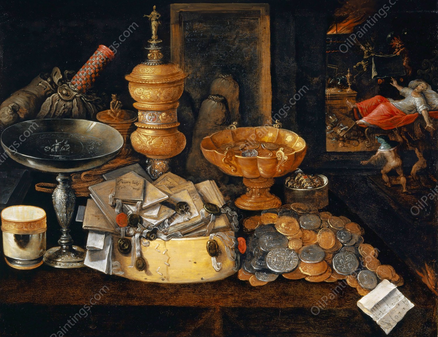 Riches And The Death Of The Miser, Still Life  by Hieronymus Francken II - Hand-Painted Oil Painting Reproduction