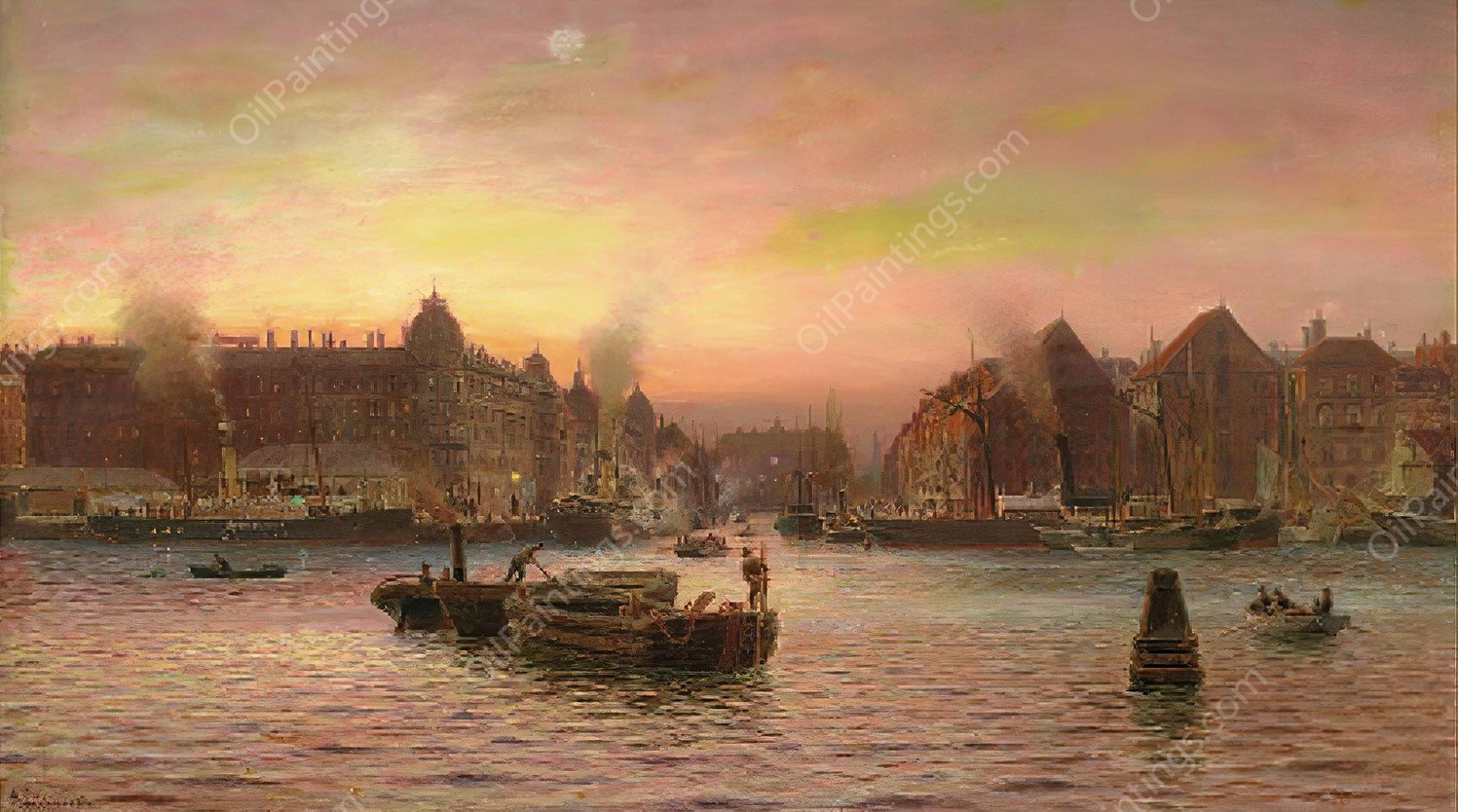 Parti Fra Nyhavn Set Fra Gronlandske Handelsplads Efter Solnedgang  by Holger Lubbers - Hand-Painted Oil Painting Reproduction