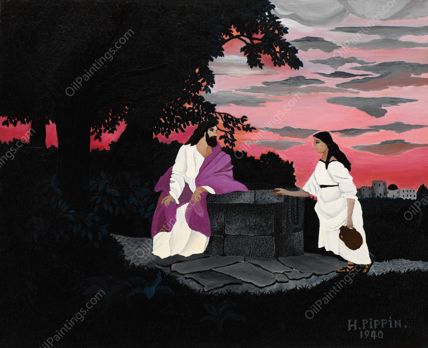 Christ and the Woman of Samaria  by Horace Pippin - Hand-Painted Oil Painting Reproduction