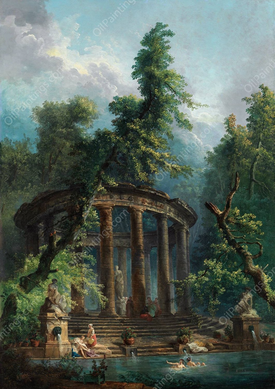The Bathing Pool by Hubert Robert - Hand-Painted Oil Painting Reproduction