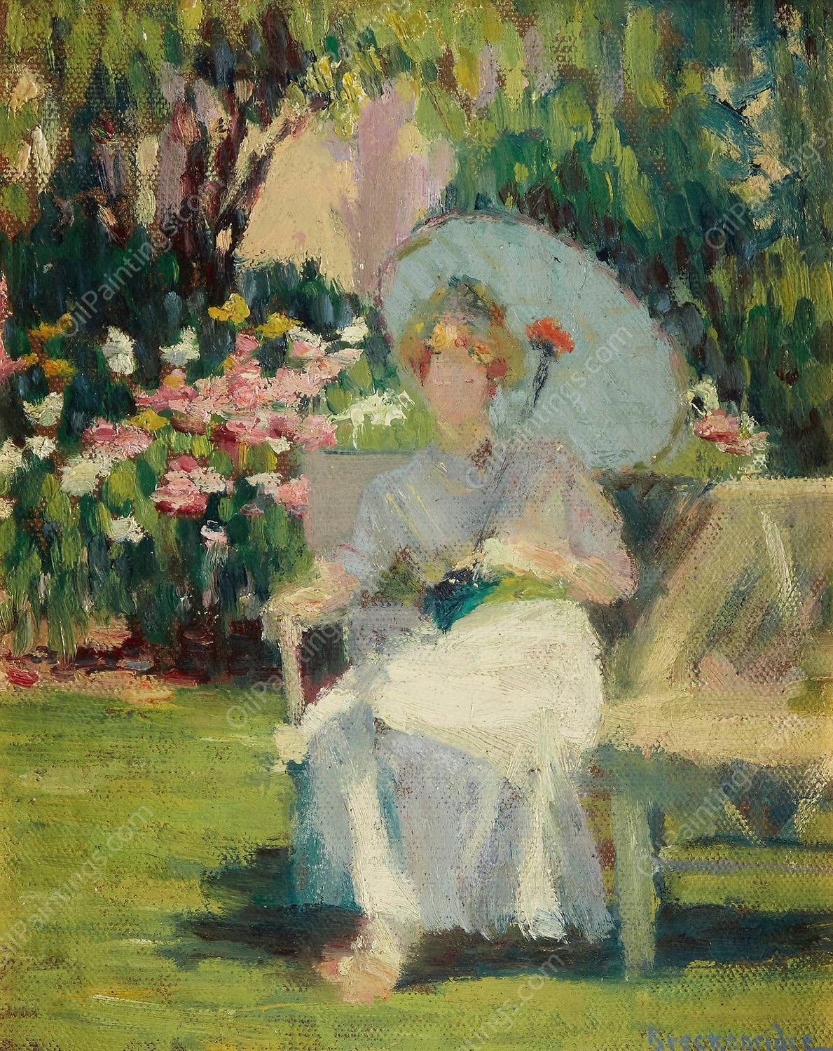 Portrait of Alice L. Riddle Kindler in the Phlox Garden  by Hugh Henry Breckenridge - Hand-Painted Oil Painting Reproduction