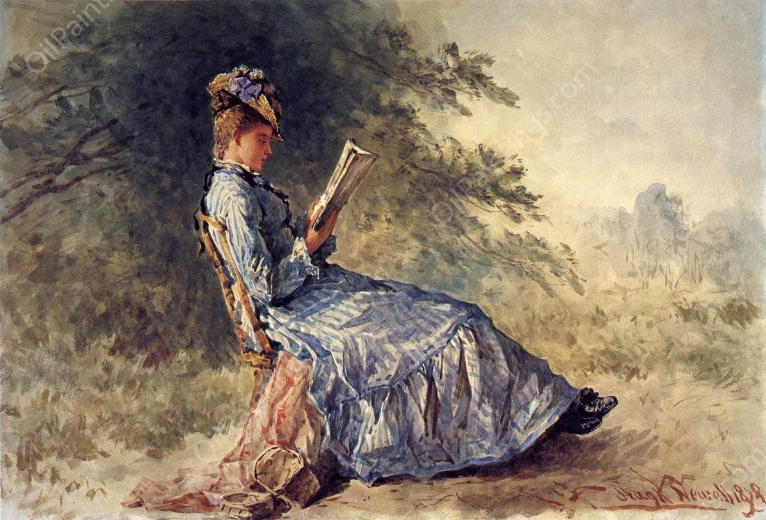 Seated Girl Reading by Hugh Newell - Hand-Painted Oil Painting Reproduction
