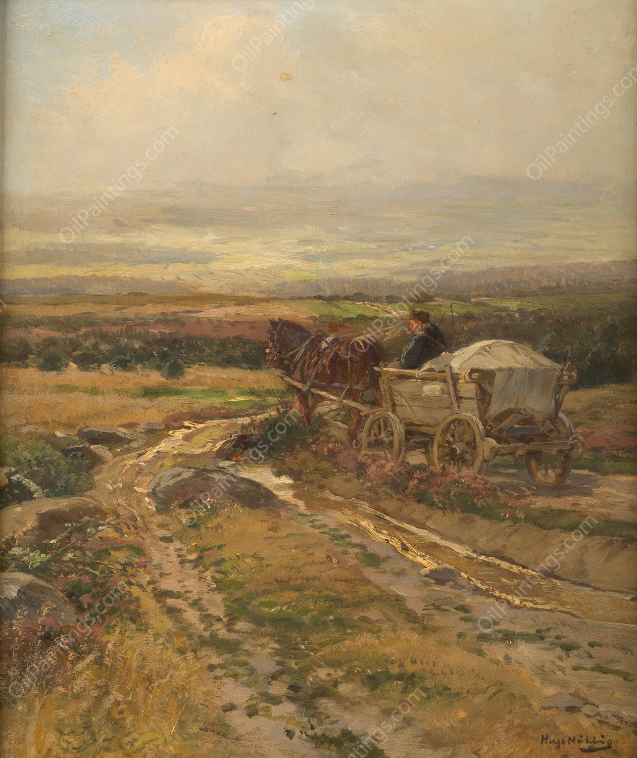 Horse cart on a hill by Hugo Muhlig - Hand-Painted Oil Painting Reproduction