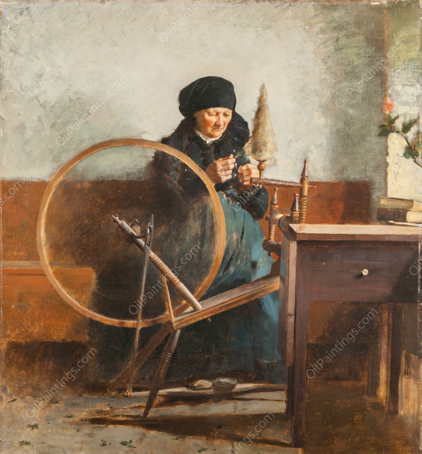 At the Spinning Wheel  by Hugo Salmson - Hand-Painted Oil Painting Reproduction