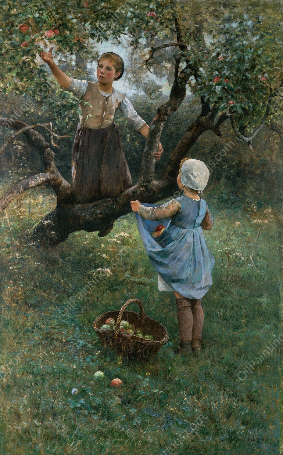 Girls picking Fruit by Hugo Salmson - Hand-Painted Oil Painting Reproduction