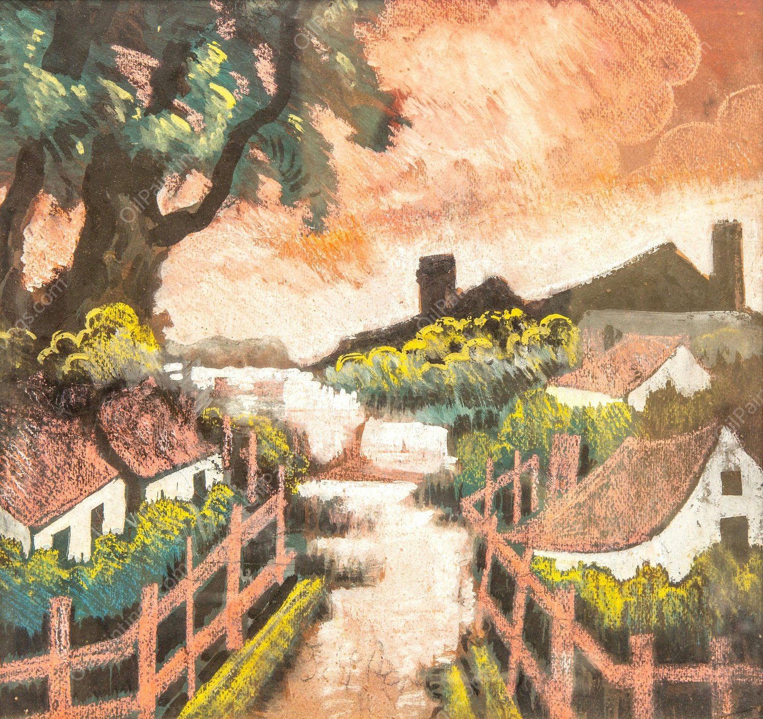 Village Landscape by Hugo Scheiber - Hand-Painted Oil Painting Reproduction