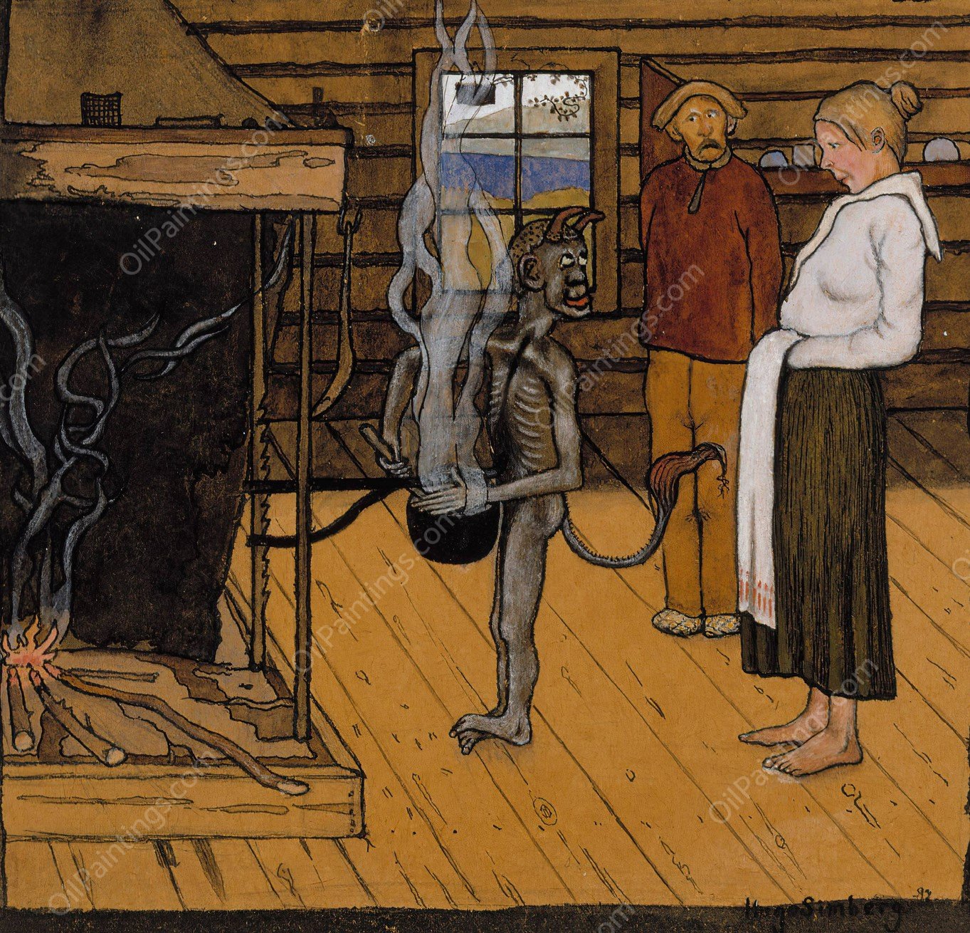 The Poor Devil By The Fire  by Hugo Simberg - Hand-Painted Oil Painting Reproduction