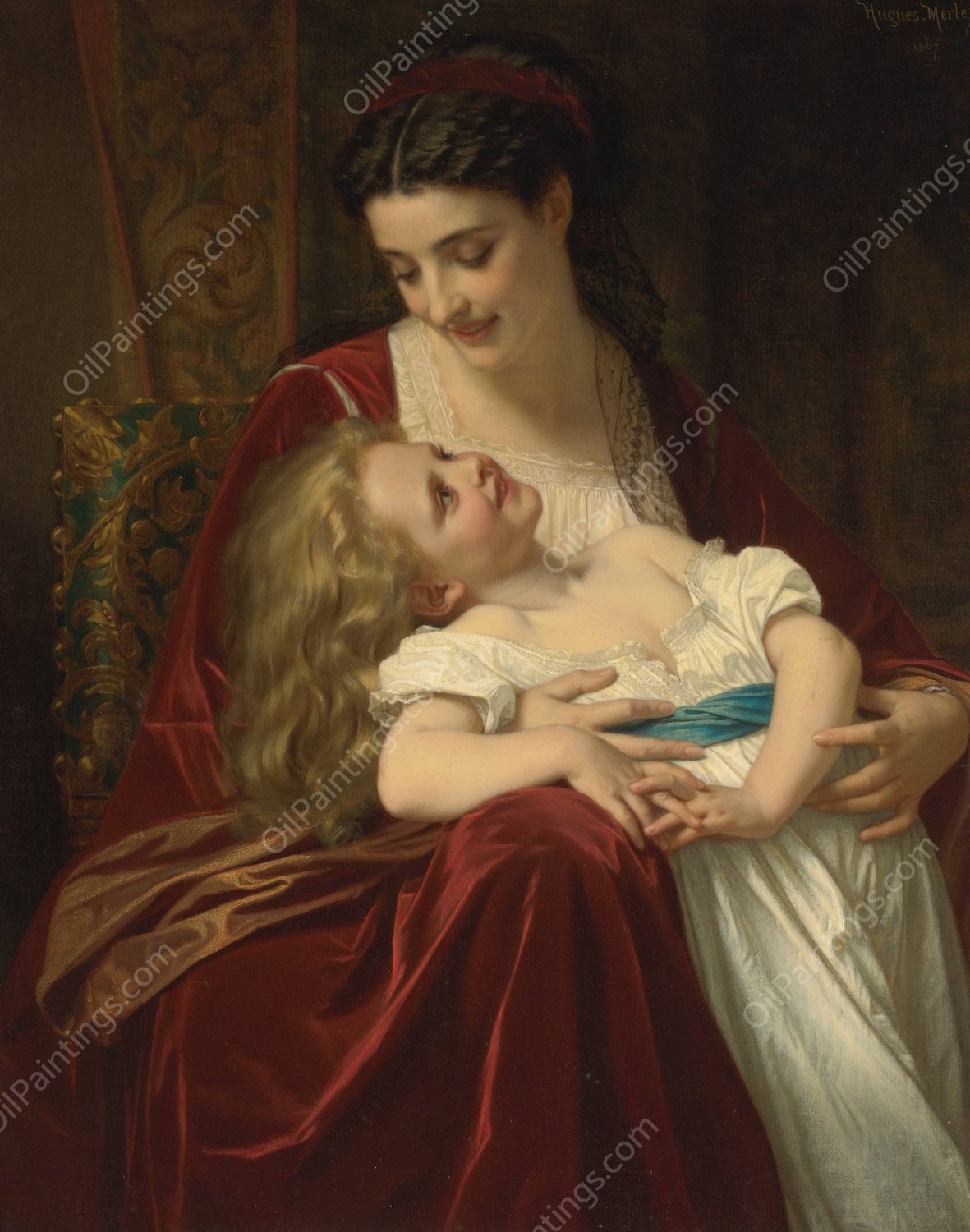 Maternal Affection  by Hugues Merle - Hand-Painted Oil Painting Reproduction