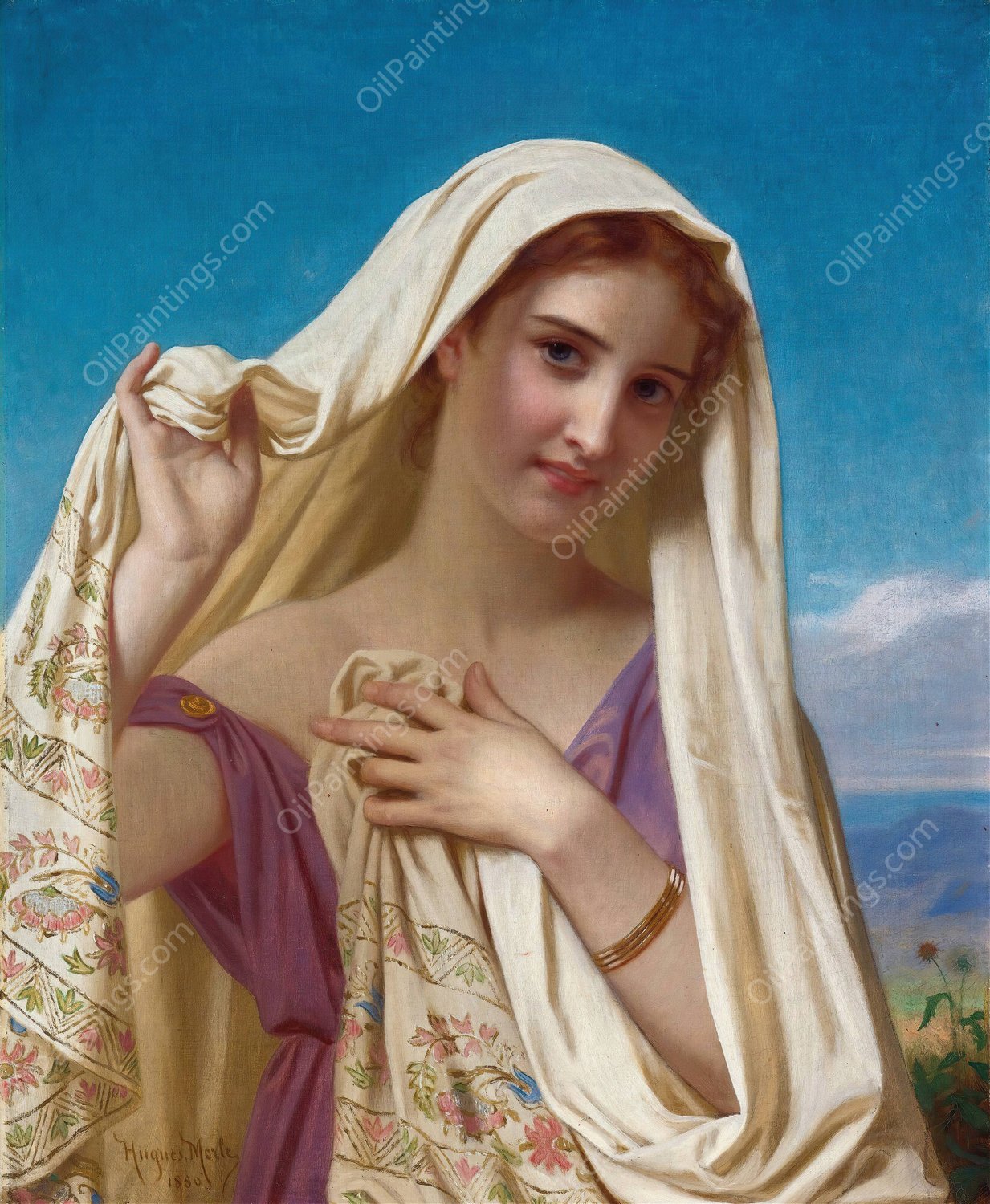 Young Girl In A Veil  by Hugues Merle - Hand-Painted Oil Painting Reproduction