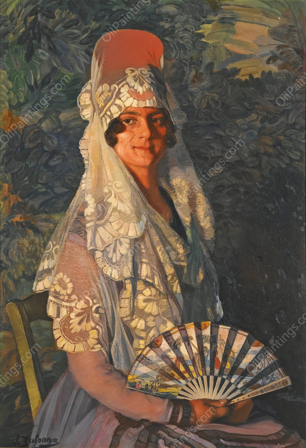Dama con mantilla y abanico  by Ignacio Zuloaga - Hand-Painted Oil Painting Reproduction