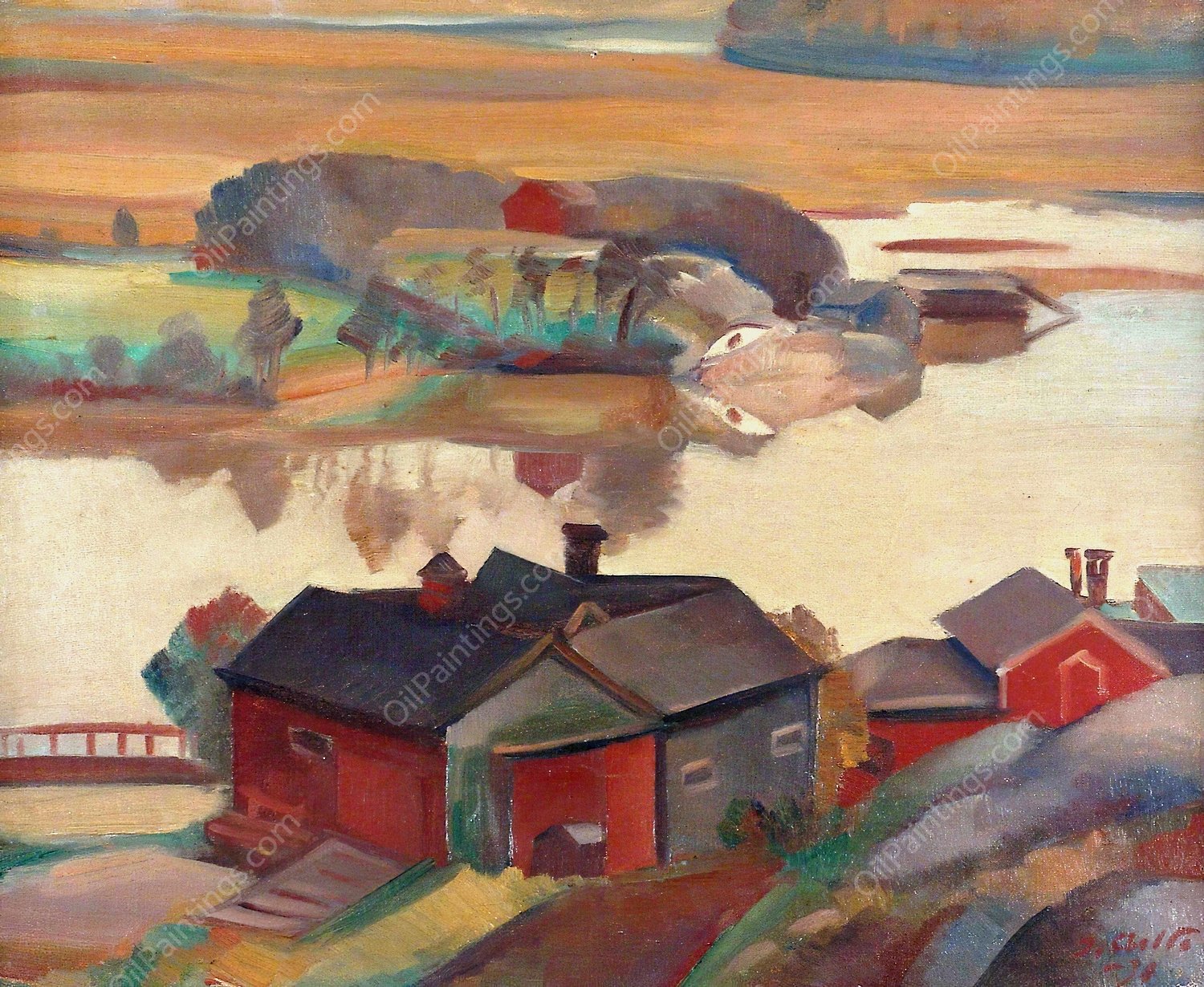 River Landscape With Buildings  by Ilmari Aalto - Hand-Painted Oil Painting Reproduction