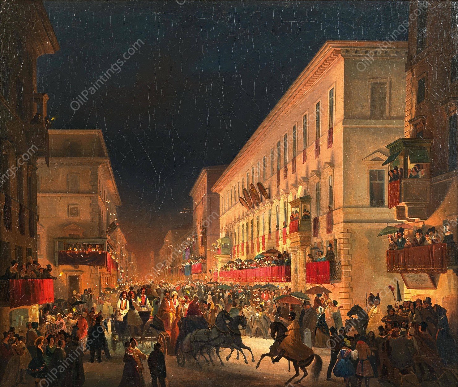Carnival In Rome, The Feast Of Moccoletti by Ippolito Caffi - Hand-Painted Oil Painting Reproduction