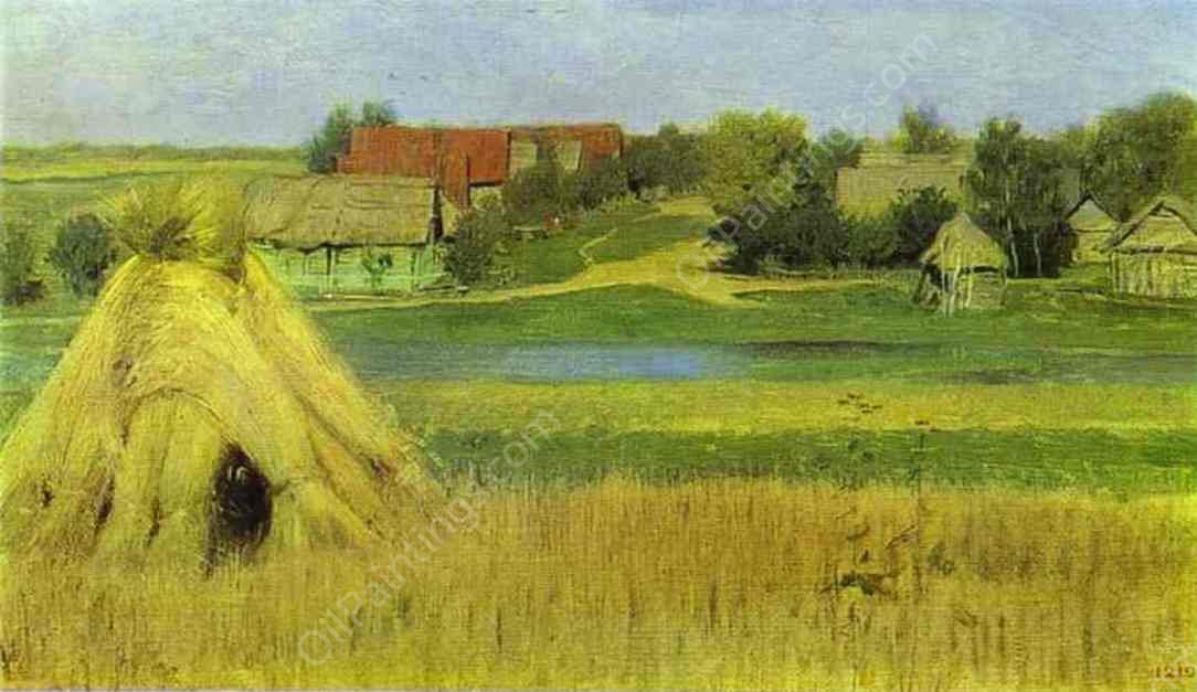Sheaves and a Village Beyond the River by Isaac Ilich Levitan - Hand-Painted Oil Painting Reproduction