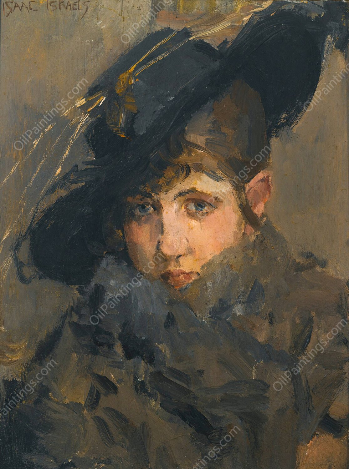 A lady in a hat with a fur collar by Isaac Israels - Hand-Painted Oil Painting Reproduction