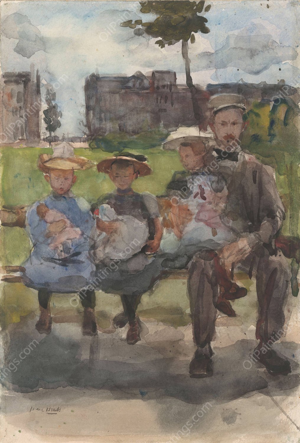 A Man with Three Girls on a Bench in the Oosterpark in Amsterdam  by Isaac Israels - Hand-Painted Oil Painting Reproduction