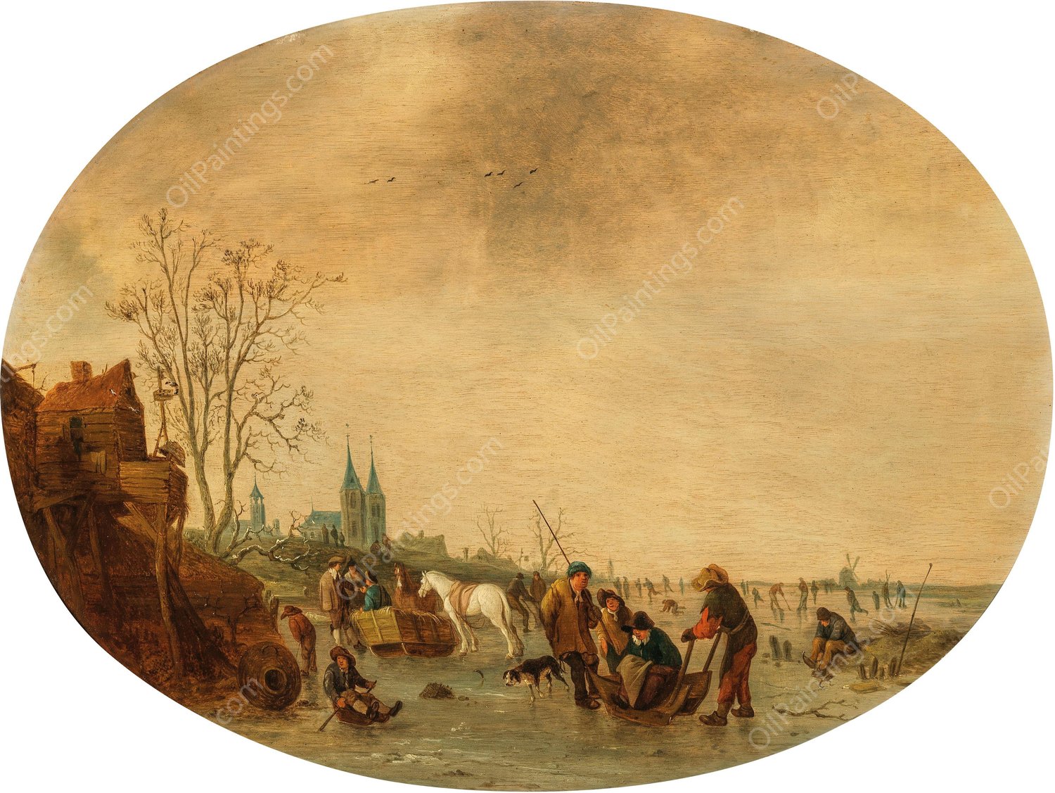 A winter landscape with skaters on the ice by Isaac Van Ostade - Hand-Painted Oil Painting Reproduction