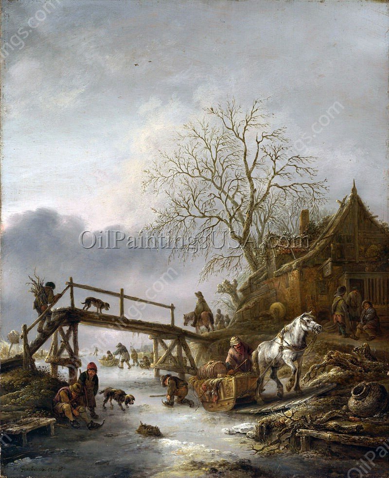 A Winter Scene by Isaack Van Ostade - Hand-Painted Oil Painting Reproduction