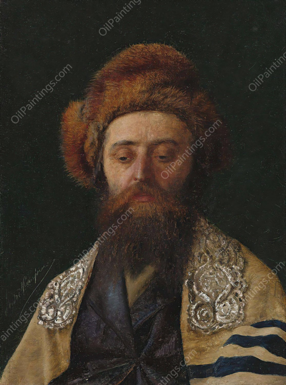 Portrait of a rabbi with tallit by Isidor Kaufmann - Hand-Painted Oil Painting Reproduction