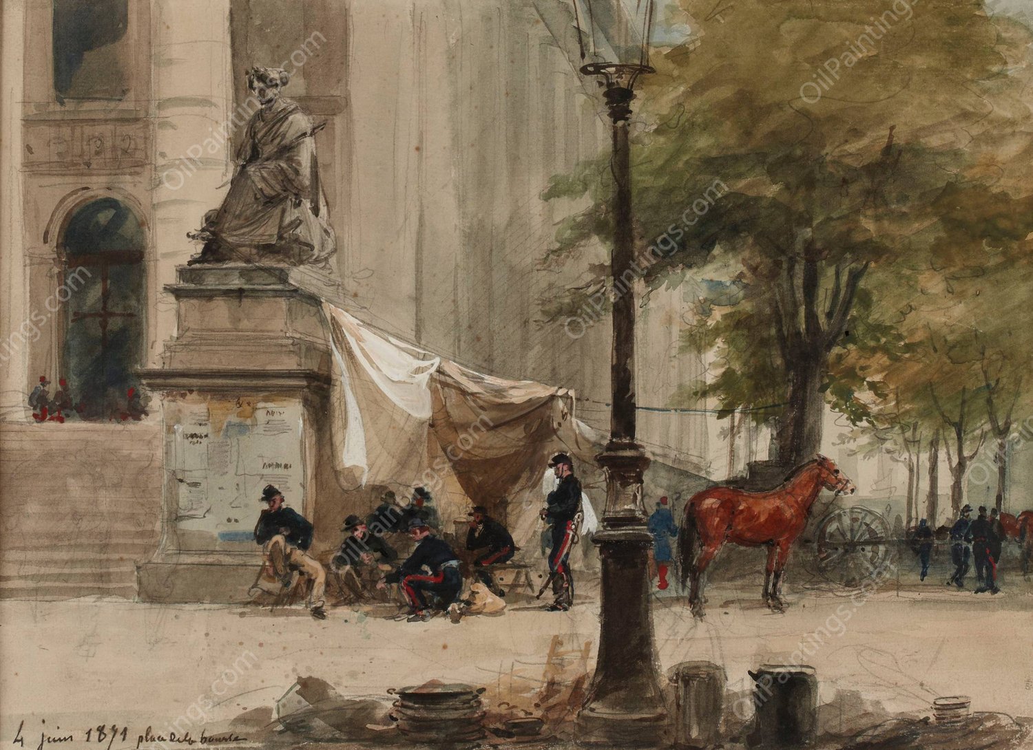 Campement d'artillerie place de la Bourse, 4 juin 1871 by Isidore Pils - Hand-Painted Oil Painting Reproduction