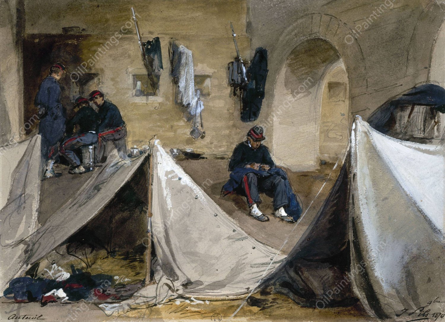 Campement de mobiles bretons sous le viaduc d'Auteuil en 1870.  by Isidore Pils - Hand-Painted Oil Painting Reproduction