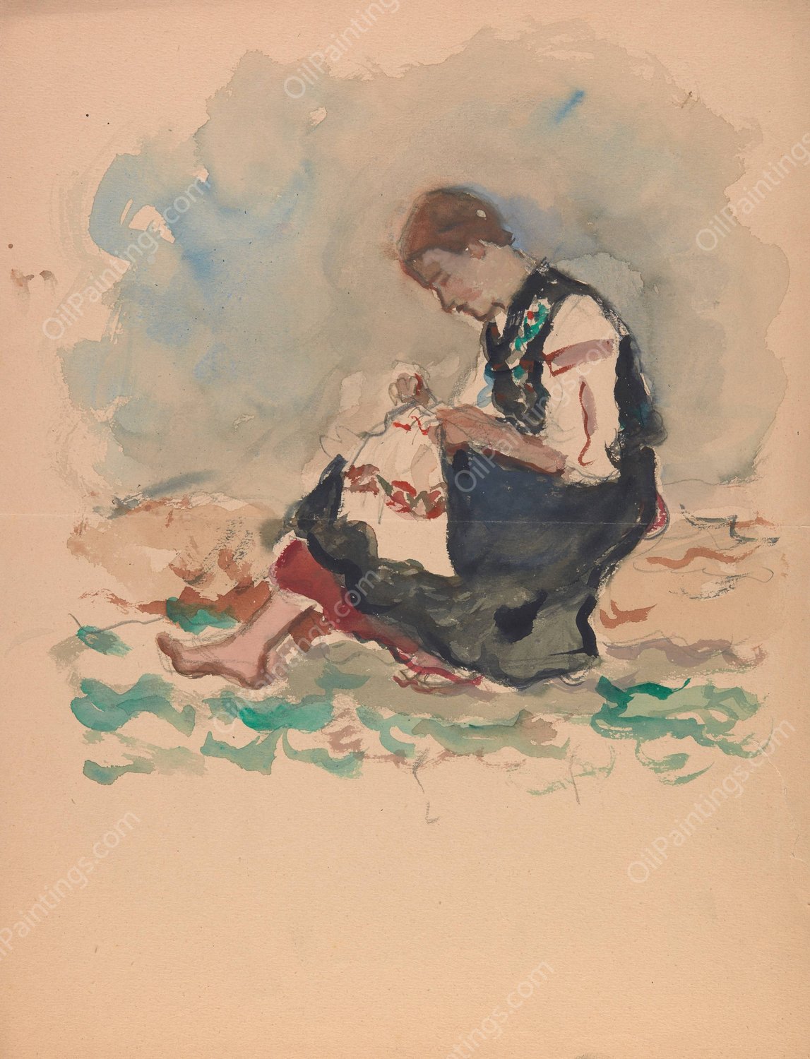 Haftujaca dziewczyna  by Ivan Ivanec - Hand-Painted Oil Painting Reproduction