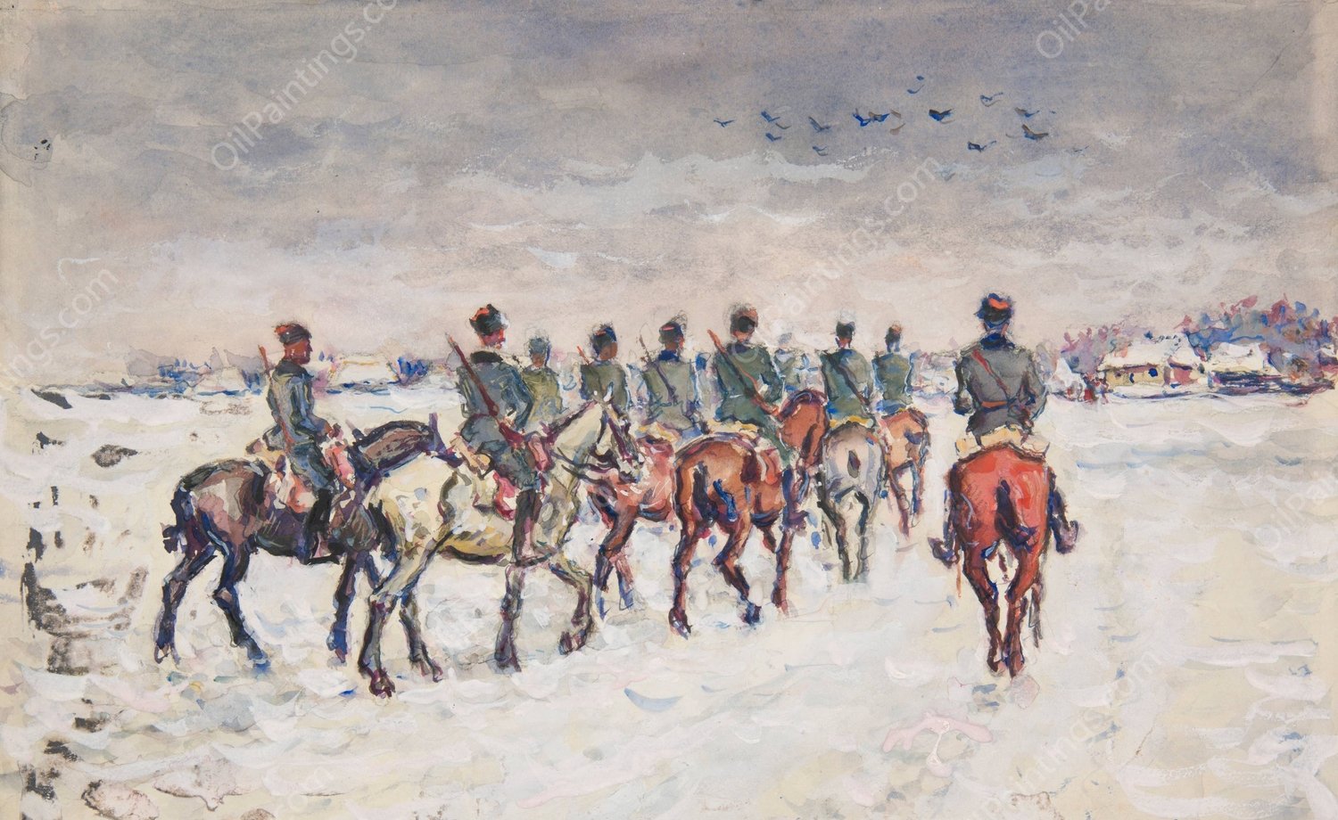 Oddzial lekkiej jazdy zblizajacy sie do wsi  by Ivan Ivanec - Hand-Painted Oil Painting Reproduction